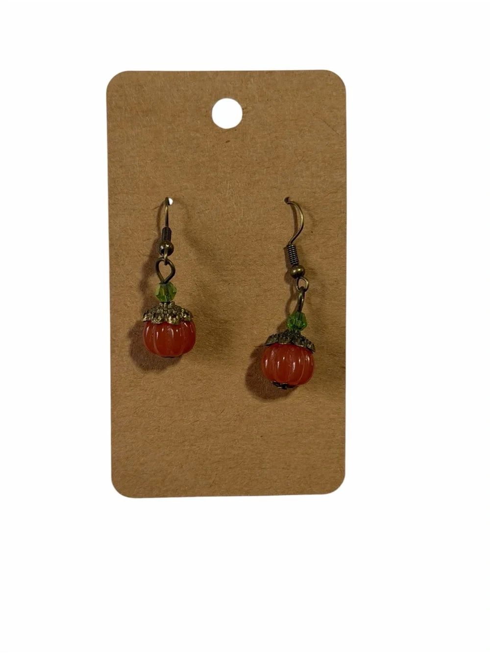 Handcrafted Orange Pumpkin Drop Earrings with Green Accent
